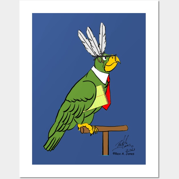 Oscar the Catoon Parrot as a Secretary Bird Wall Art by Laughing Parrot